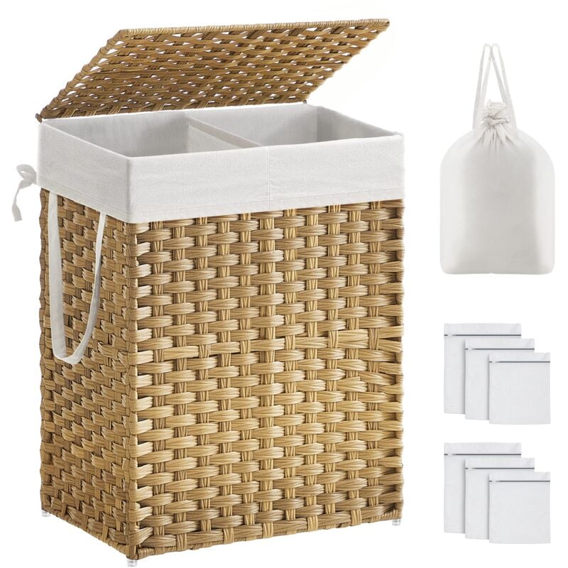 foto del prodotto cesto portabiancheria con coperchio, cesta per bucato 90l, 2 scomparti, sacco estraibile con manici, intrecciato a mano, in camera da letto, bagno,