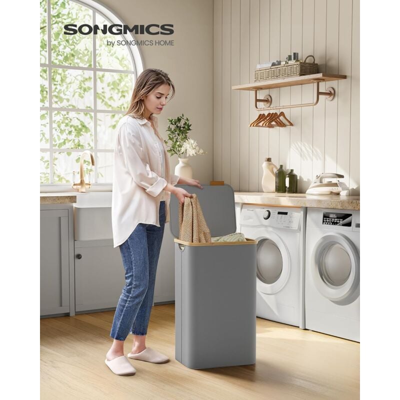 foto del prodotto cesto portabiancheria con coperchio, cesta per bucato, 90l, salvaspazio, sacco rimovibile, tessuto oxford, manici di bamb , pieghevole, 42 x 32 x