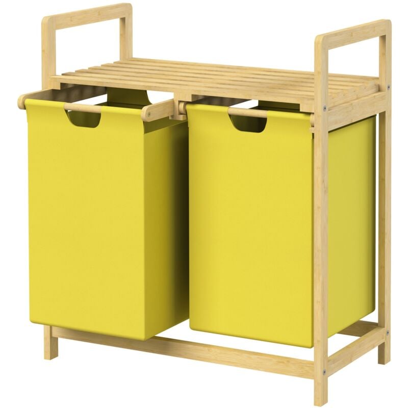 foto del prodotto cesto portabiancheria con struttura in bamb con ripiano e 2 scomparti in tessuto 60 l giallo per biancheria 63x33x73 cm raccoglitore adatto per il