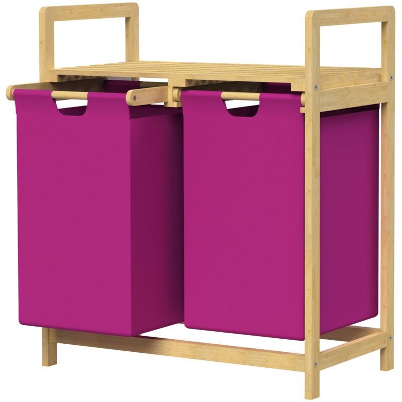 foto del prodotto cesto portabiancheria con struttura in bamb con ripiano e 2 scomparti in tessuto 60 l magenta per biancheria 63x33x73 cm raccoglitore adatto per il
