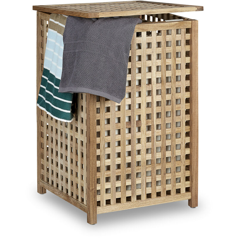 foto del prodotto cesto portabiancheria, contenitore legno, 75l, hlp 67,5x45,7x45,7 cm, sacco porta biancheria, colore naturale relaxdays