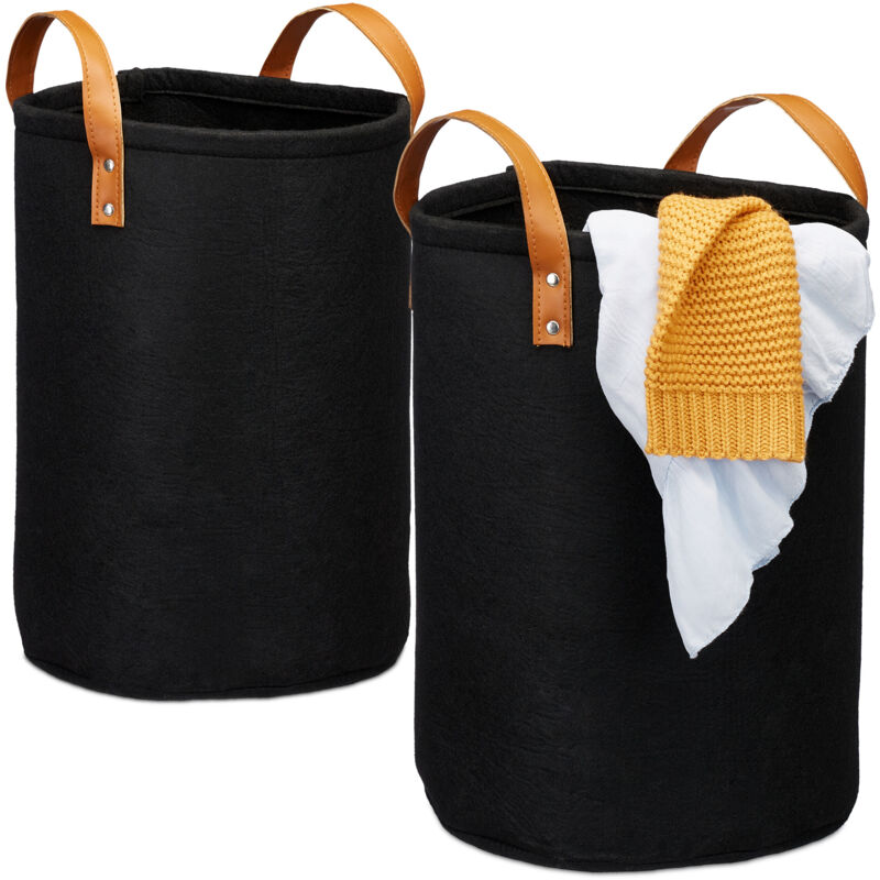 foto del prodotto cesto portabiancheria da 28 l, set 2 cestini porta biancheria in feltro con manici, bagno, hxd 47x30 cm, nero relaxdays