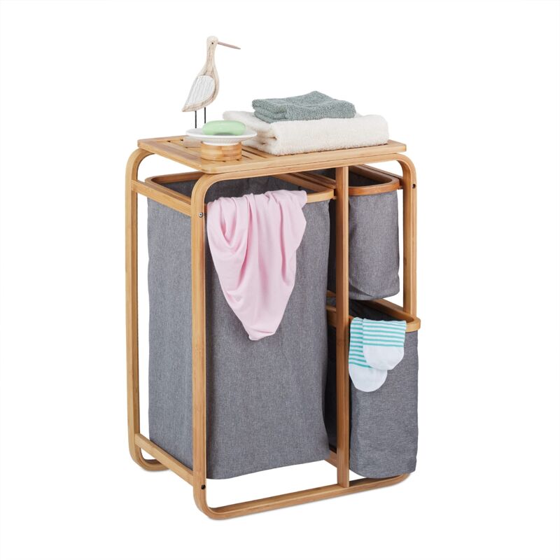 foto del prodotto cesto portabiancheria in bamb , 3 sacchi di stoffa, mobiletto bagno, hlp 70x49x33,5 cm, naturale grigio relaxdays