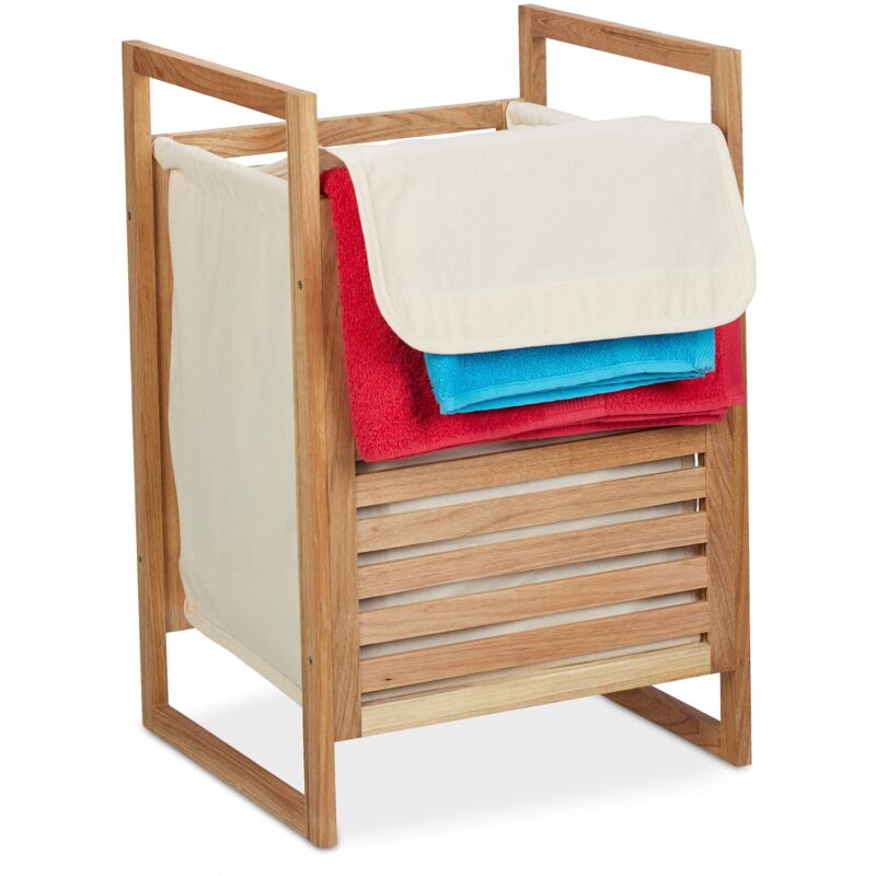 foto del prodotto cesto portabiancheria in legno di noce, 60 x 40 x 35 cm, sacco stoffa, 50 litri, con coperchio, marrone beige, cotone - relaxdays