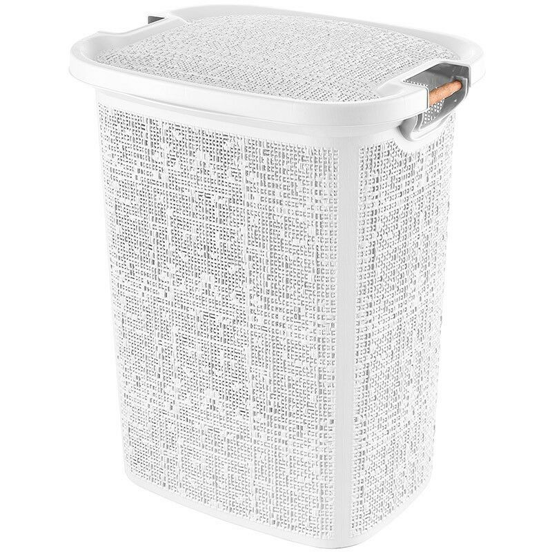 foto del prodotto cesto portabiancheria in plastica bianca con manici in legno capienza 60 lt