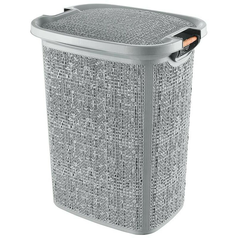 foto del prodotto cesto portabiancheria in plastica grigia con manici in legno capienza 60 lt