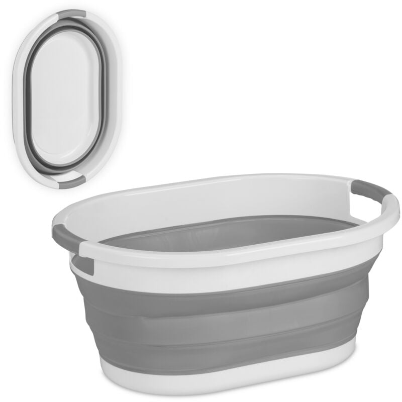 foto del prodotto cesto portabiancheria pieghevole, 22 litri, contenitore salvaspazio in plastica con impugnature, grigio bianco relaxdays