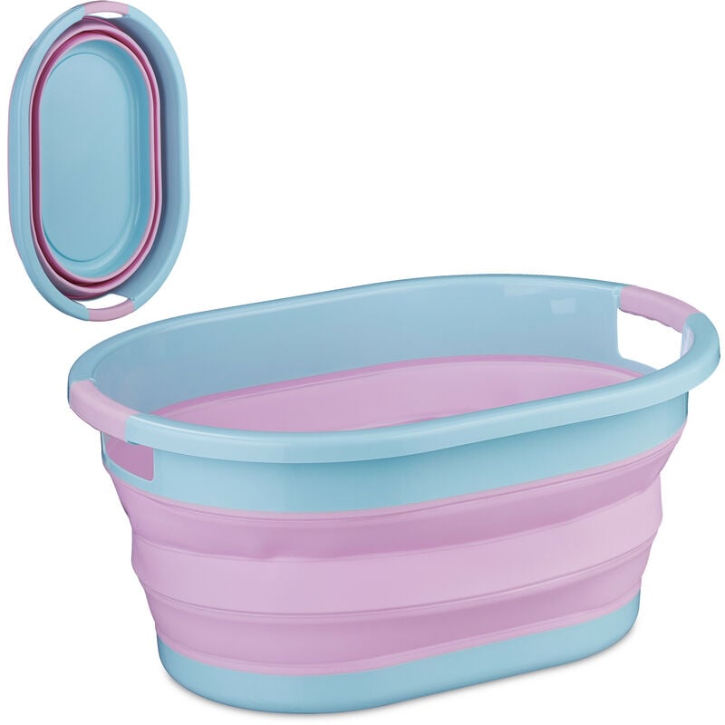 foto del prodotto cesto portabiancheria pieghevole, 22 litri, contenitore salvaspazio in plastica con impugnature, rosa blu relaxdays