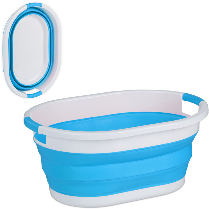foto del prodotto cesto portabiancheria pieghevole, 24 litri, contenitore salvaspazio in plastica con impugnature, blu bianco relaxdays