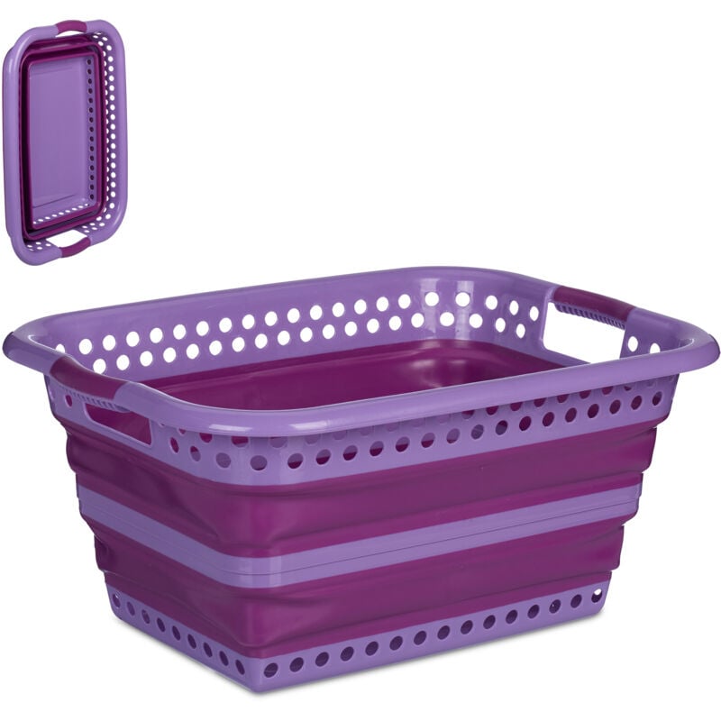 foto del prodotto cesto portabiancheria pieghevole, 35 litri, bacinella salvaspazio in plastica con impugnature, viola fucsia relaxdays