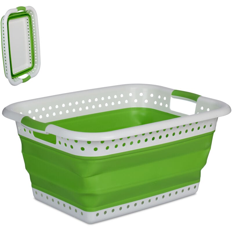 foto del prodotto cesto portabiancheria pieghevole, 36 litri, bacinella salvaspazio in plastica con impugnature, verde bianco relaxdays