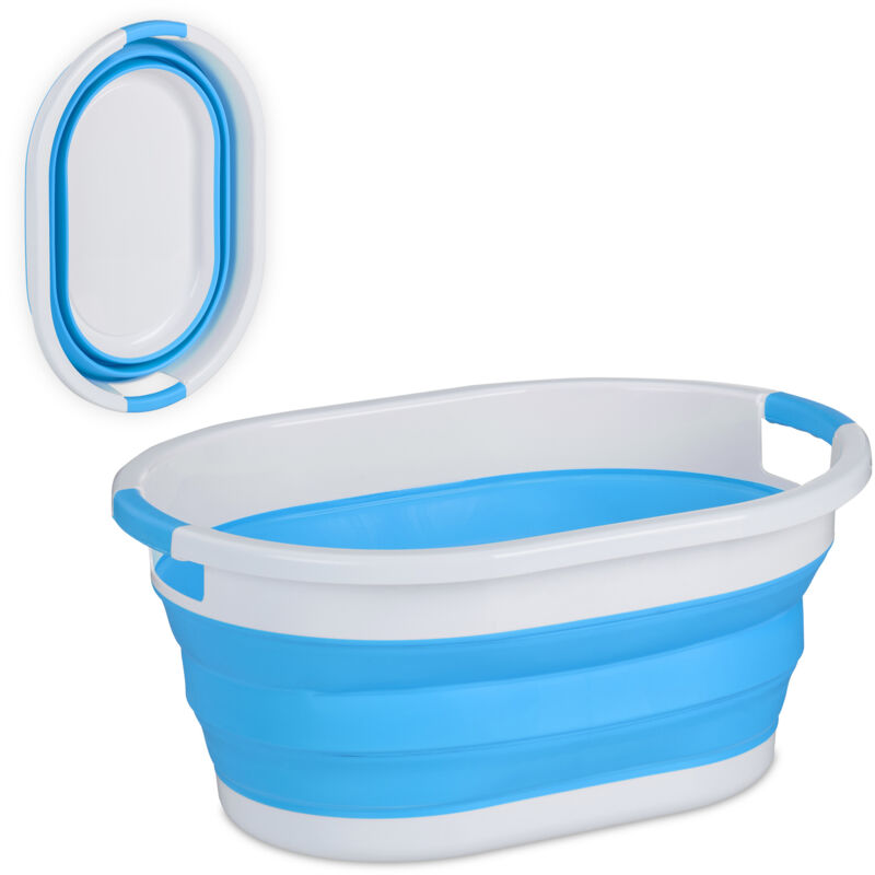 foto del prodotto cesto portabiancheria pieghevole, 36 litri, contenitore salvaspazio in plastica con impugnature, blu bianco relaxdays