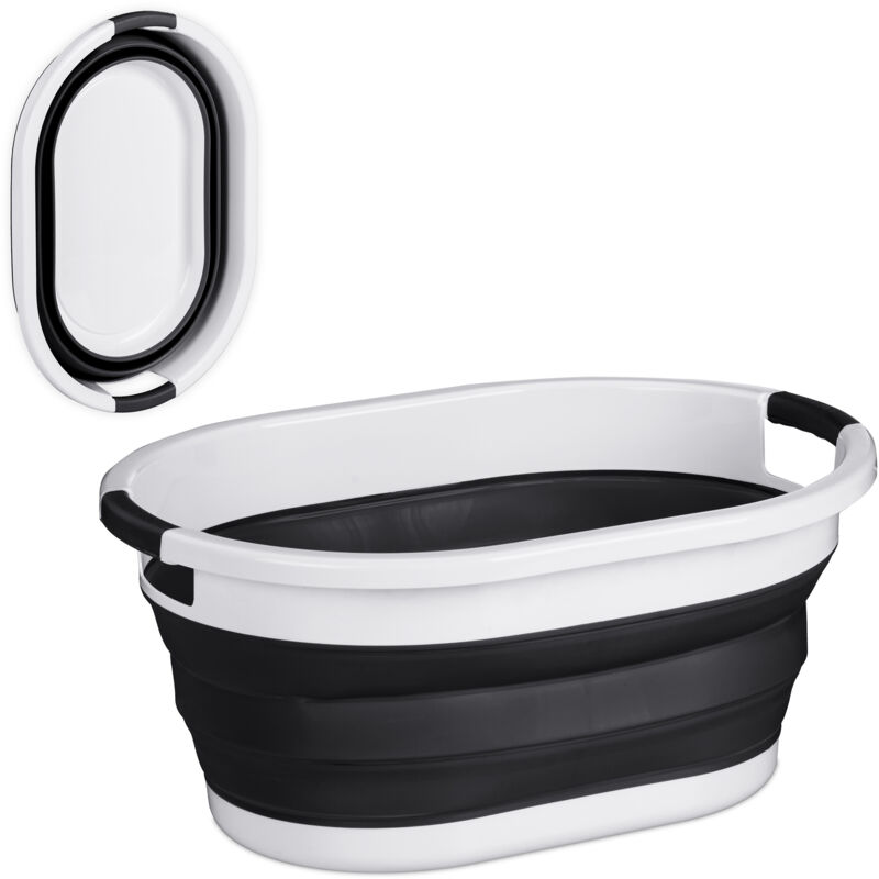 foto del prodotto cesto portabiancheria pieghevole, 36 litri, contenitore salvaspazio in plastica con impugnature, nero bianco relaxdays