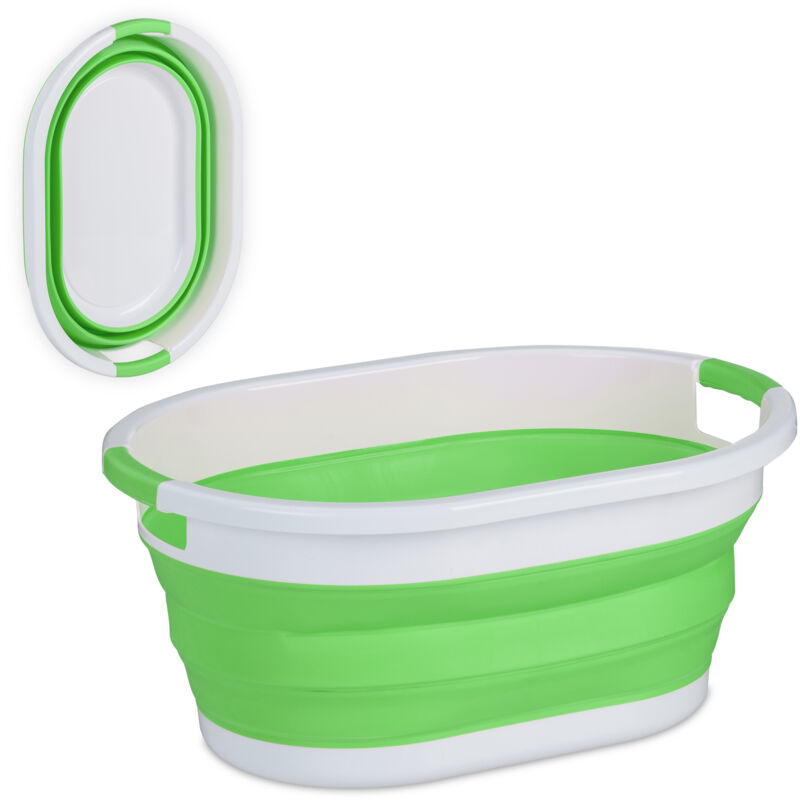 foto del prodotto cesto portabiancheria pieghevole, 36 litri, contenitore salvaspazio in plastica con impugnature, verde bianco relaxdays
