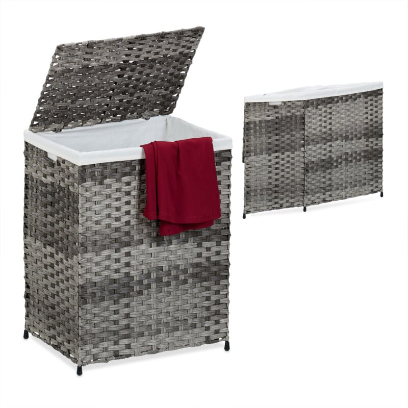foto del prodotto cesto portabiancheria pieghevole con coperchio, look rattan, sacco 90l, hlp 60 x 46 x 34 cm, grigio beige relaxdays