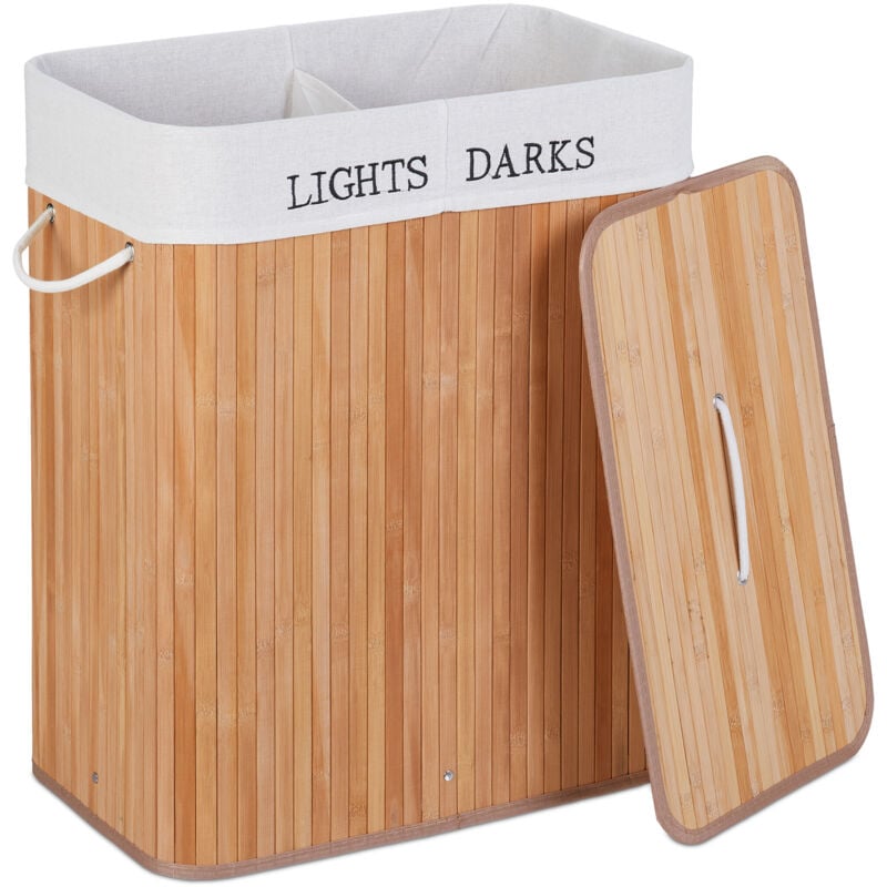 foto del prodotto cesto portabiancheria pieghevole, coperchio, 2 scomparti porta biancheria, bamb , 100 l, 63x54x34 cm, naturale relaxdays
