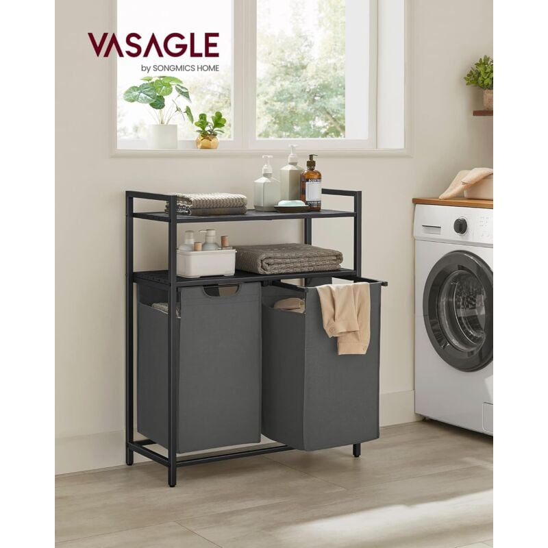 foto del prodotto cesto portabiancheria, porta biancheria con 2 sacchi estraibili e rimovibili, 2 ripiani portaoggetti, 46l per sacco, per bagno, lavanderia, nero e