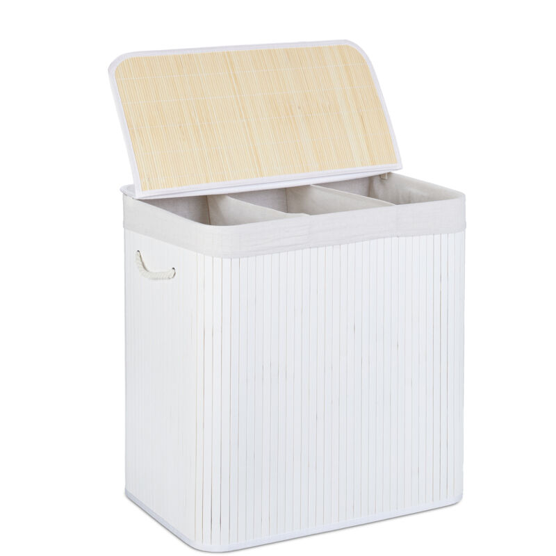 foto del prodotto cesto portabiancheria rettangolare, coperchio, 3 scomparti porta biancheria, 62x62,5x42,5 cm, bamb , bianco relaxdays