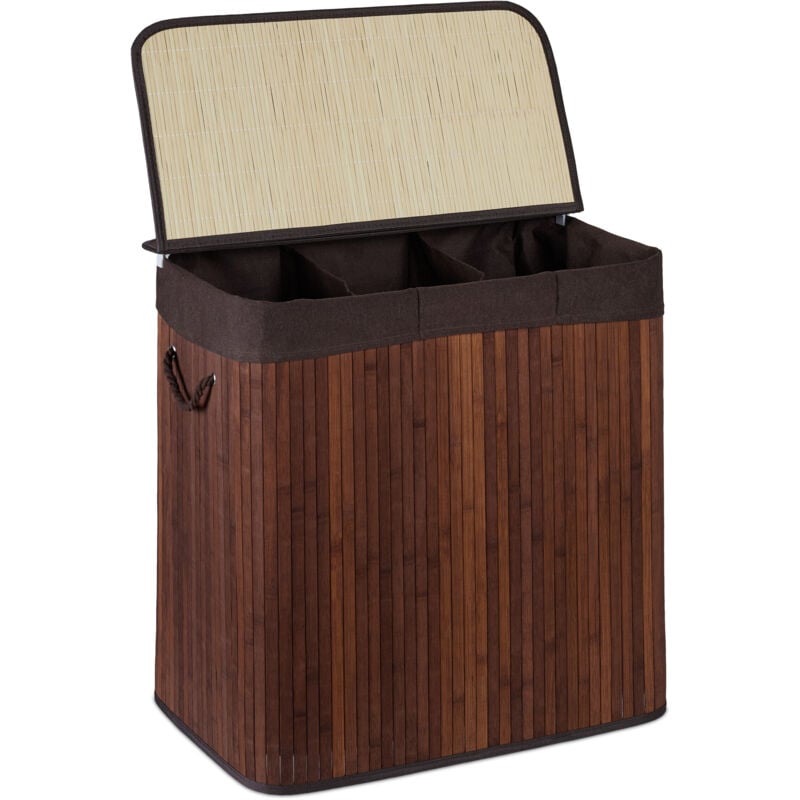 foto del prodotto cesto portabiancheria rettangolare, coperchio, 3 scomparti porta biancheria, 62x62,5x42,5 cm, bamb , marrone relaxdays