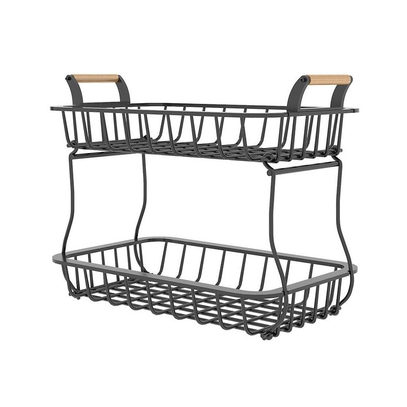 foto del prodotto cesto portafrutta a 2 livelli, organizer da bancone della cucina, con manico in legno, ciotola in acciaio al carbonio per pane, verdure, cesto di