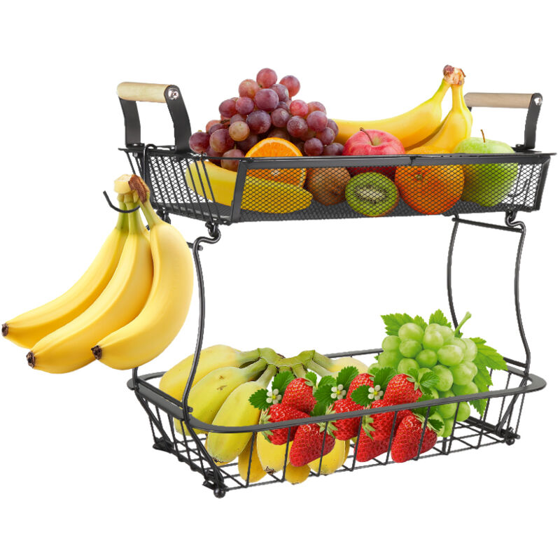 foto del prodotto cesto portafrutta a 2 ripiani con ganci per snack di verdura, nero