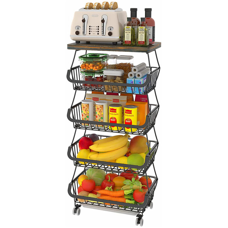 foto del prodotto cesto portafrutta a 4 livelli con piano in legno, cesto portaoggetti multifunzionale, cesto portafrutta impilabile per frutta e verdura organizer