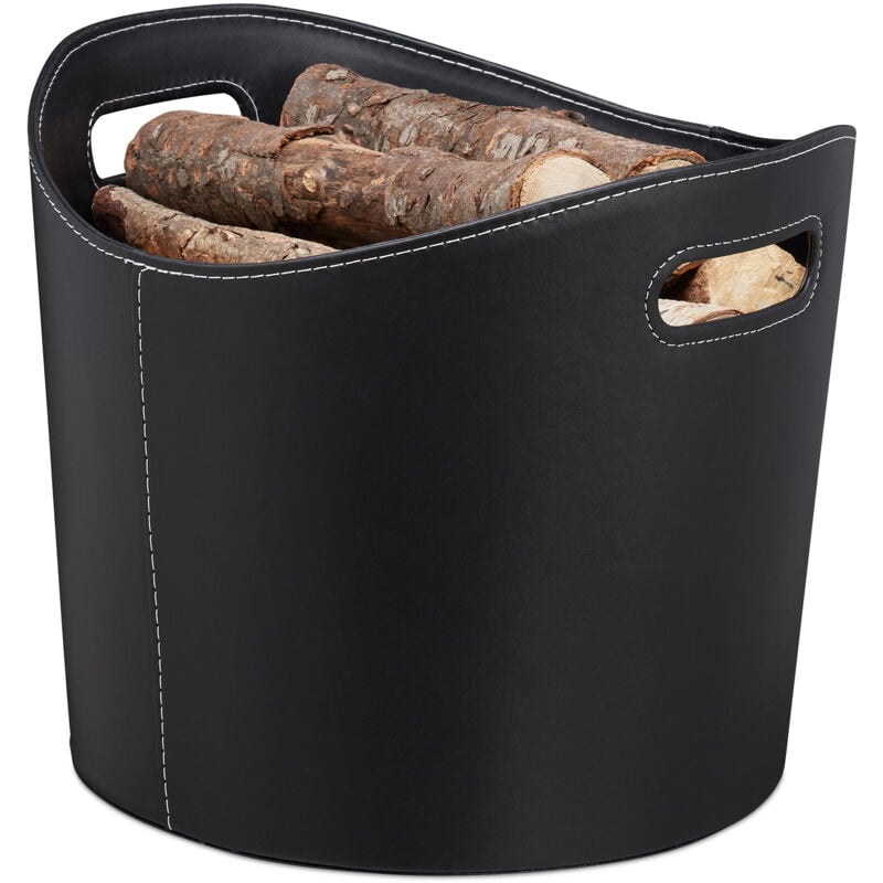 foto del prodotto cesto portalegna l, per camino, borsa in similpelle, stabile e con manici, legname, ovale, trasportabile, nero relaxdays
