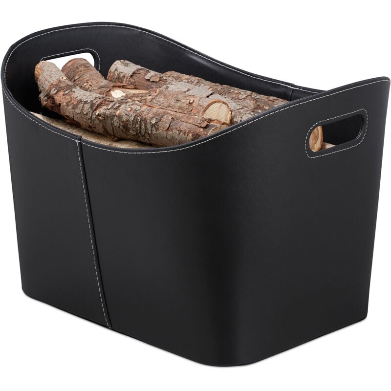 foto del prodotto cesto portalegna xl, per camino, borsa in similpelle, stabile, con manici, legname, ovale, trasportabile, nero relaxdays