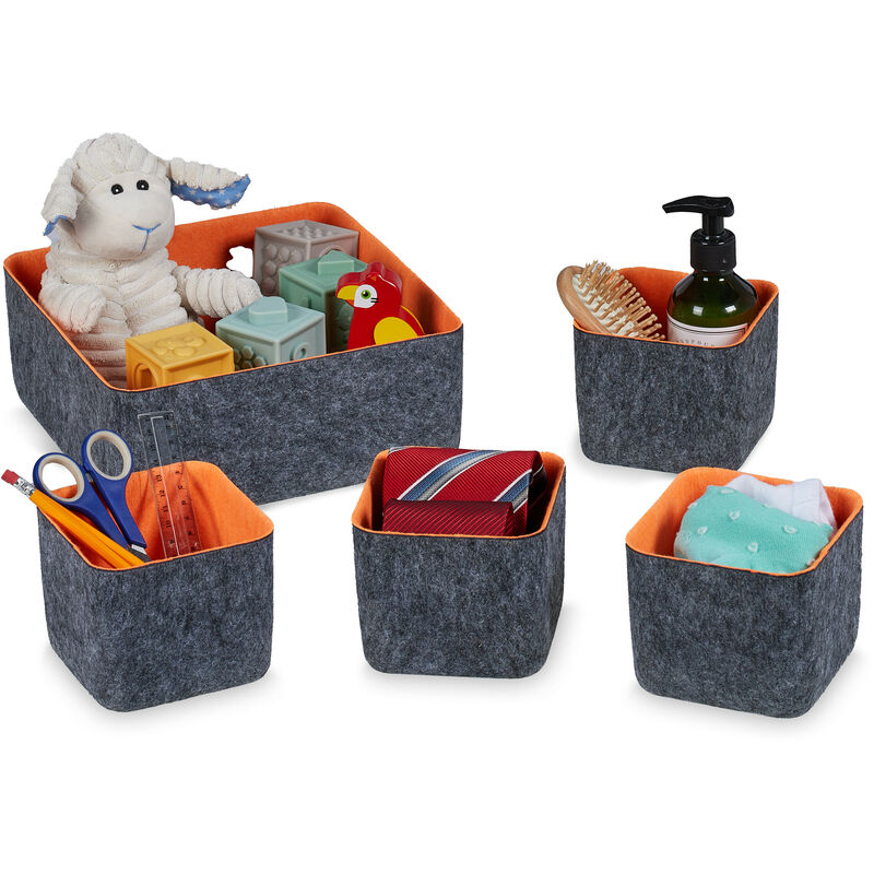 foto del prodotto cesto portaoggetti in feltro, 5 contenitori di 2 misure, scatola in tessuto per accessori, grigio e arancione - relaxdays