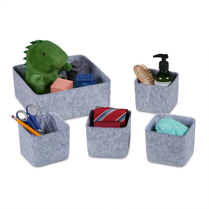 foto del prodotto cesto portaoggetti in feltro, set 5 contenitori di 2 misure, scatola in tessuto per accessori, grigio chiaro relaxdays