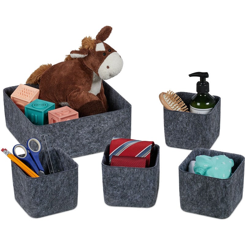 foto del prodotto cesto portaoggetti in feltro, set 5 contenitori di 2 misure, scatola in tessuto per accessori, grigio scuro relaxdays