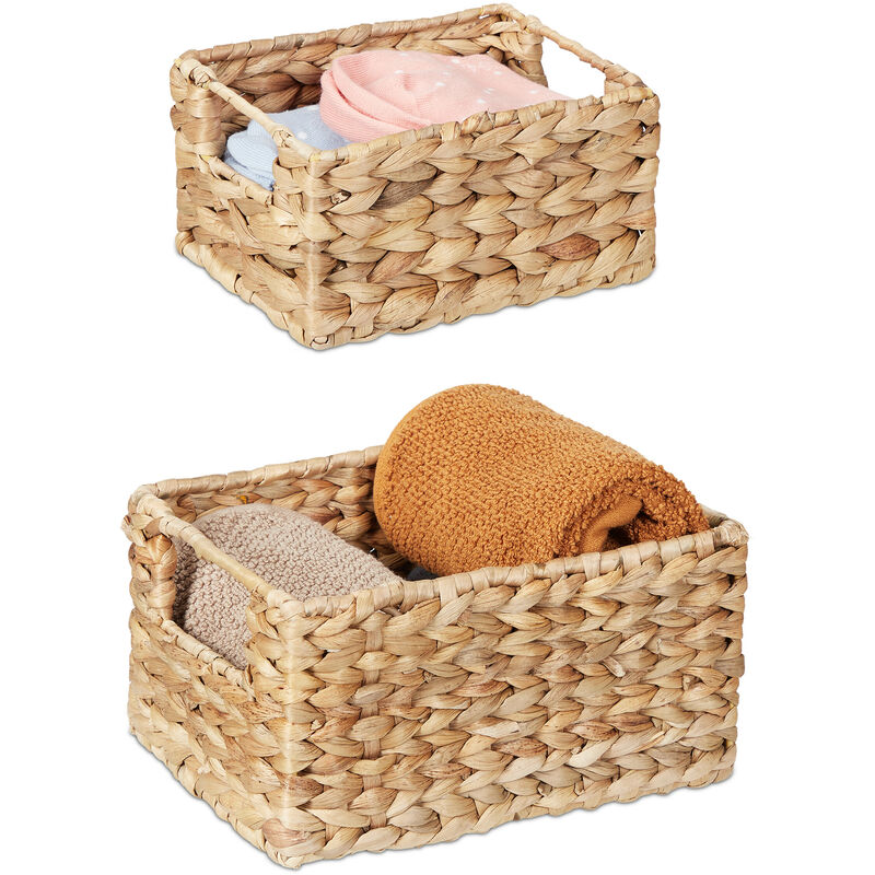 foto del prodotto cesto portaoggetti in giacinto d acqua, set 2 cesti intrecciati, due misure, contenitori da bagno, naturale relaxdays