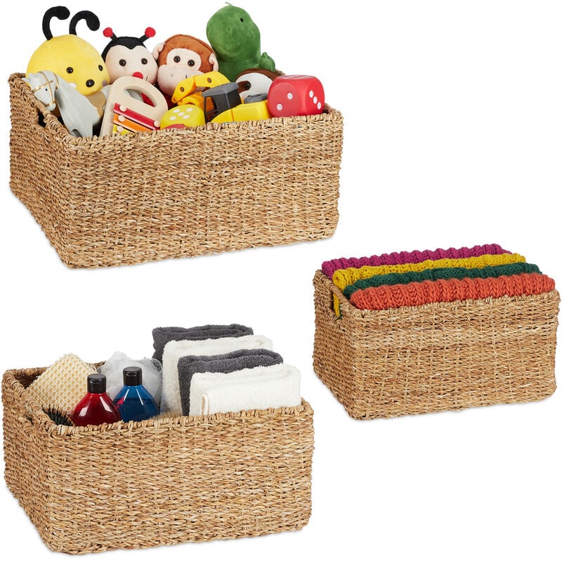 foto del prodotto cesto portaoggetti in giacinto d acqua, set da 3 cesti intrecciati, tre misure, contenitori da bagno, naturale relaxdays