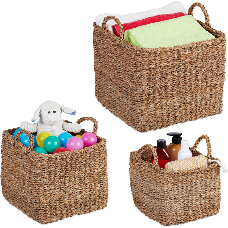 foto del prodotto cesto portaoggetti in giacinto d acqua, set da 3 cesti intrecciati, tre misure, contenitori da bagno, naturale relaxdays