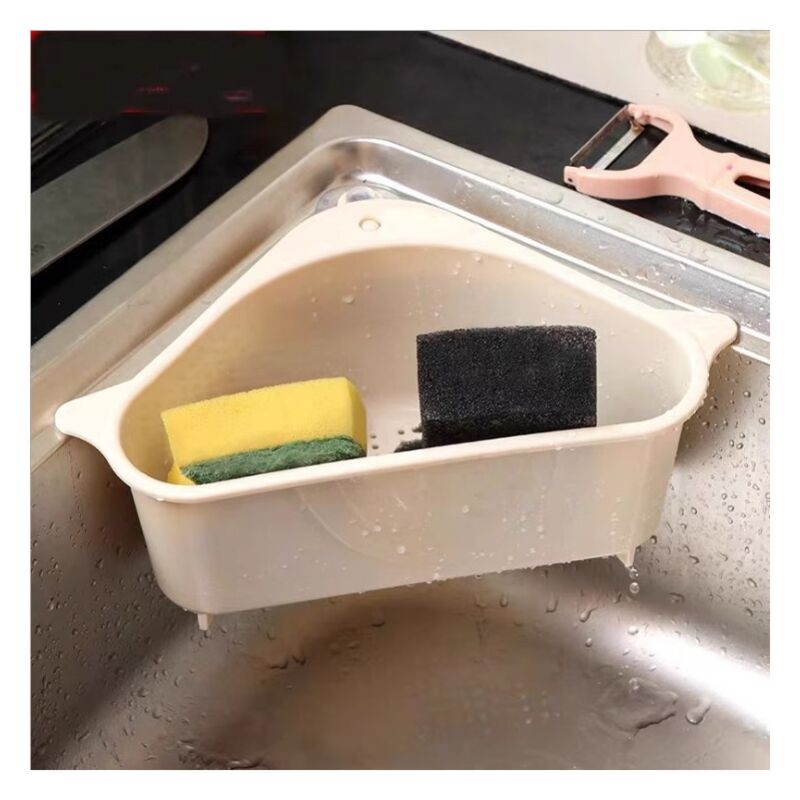 foto del prodotto cesto portaoggetti per rubinetto da cucina, cestino portaspugna sospeso, scolapiatti triangolare con clip, contenitore per la casa