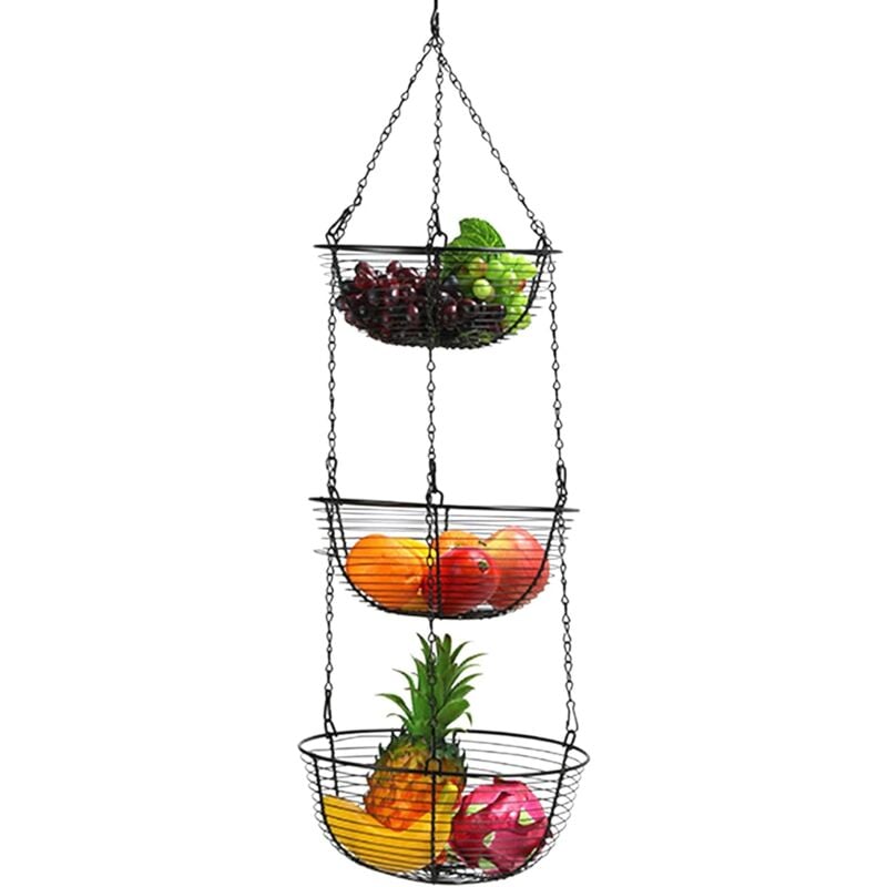 foto del prodotto cesto sospeso a 3 ripiani con gancio, portafrutta in ferro, da appendere, per cucina, per pane e verdura nero 