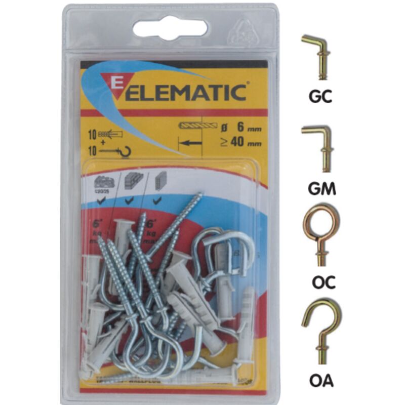 foto del prodotto cf 10 pz elematic tasselli eb gc 6x30 mm tassello in nylon con vite gancio