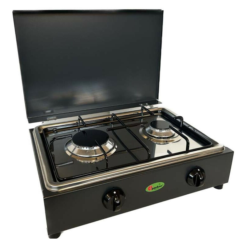foto del prodotto cf parker fornello a gas gpl metano 2 fuochi grigio con piano estraibile in acciaio inox mod. 200gsp gpl