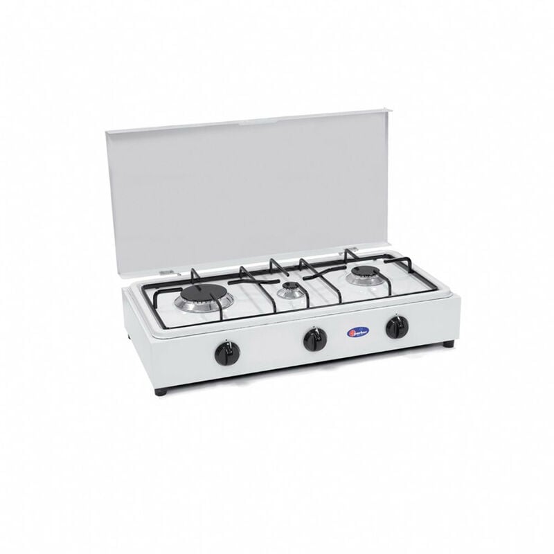 foto del prodotto cf parker fornello a gas gpl metano 3 fuochi con valvola di sicurezza griglia piattina piano estraibile parker made in italy metano