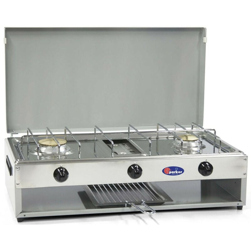 immagine 0 del prodotto cf parker fornello a gas gpl metano a 2 fuochi pianale in acciaio inox bruciatore grill da 1,5 kw cfparker mod. 552g colore grigio gpl