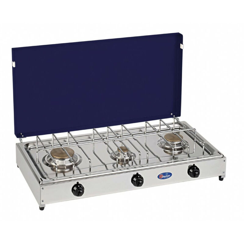 foto del prodotto cf parker fornello a gas gpl metano a 3 fuochi pianale in acciaio inox cfparker mod. 5523gb colore grigio blu metano
