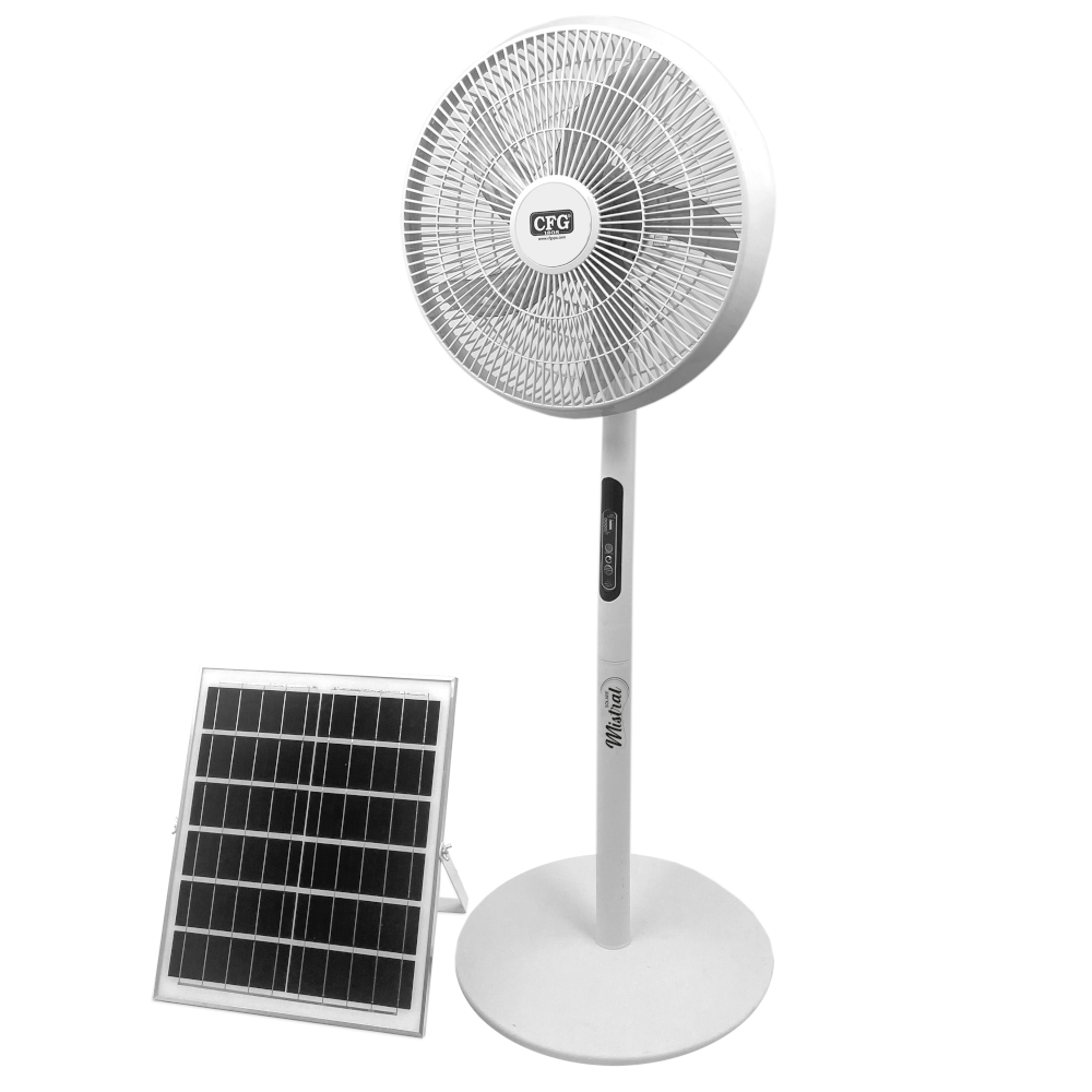 foto del prodotto cfg ventilatore a piantana ev121 mistral solare dc e pannello solare 3 velocit oscillazione inclinazione silensioso con telecomando batteria ioni di litio 18ah usb c