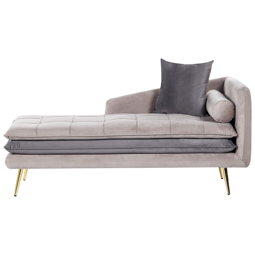 foto del prodotto chaise longue beige e grigio velluto mano destra tufted abbottonato spessamente imbottito con cuscini mano sinistra mobili soggiorno