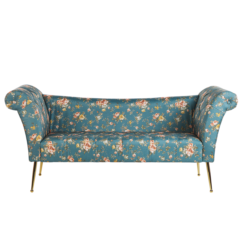 foto del prodotto chaise longue con rivestimento in tessuto blu sedile capitonn a doppia estremit con gambe in metallo dorato