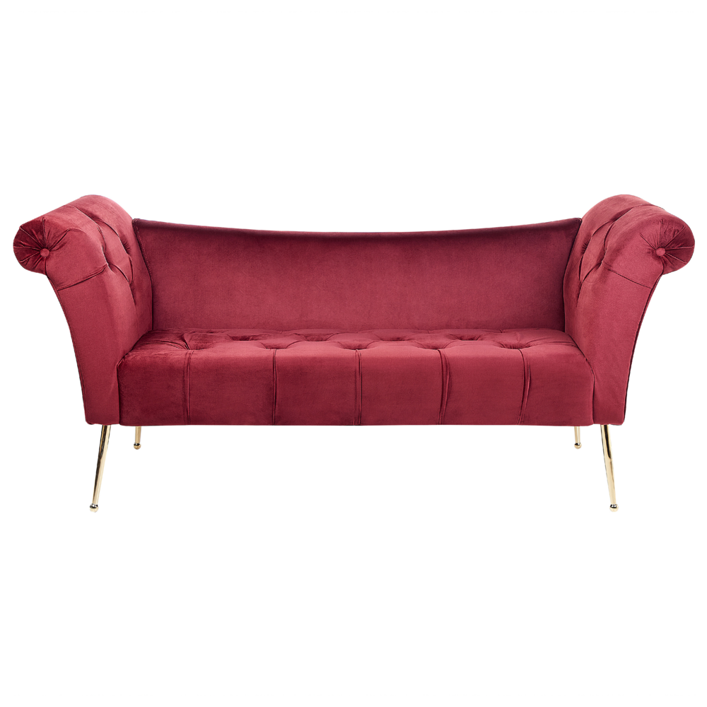 foto del prodotto chaise longue con tappezzeria in velluto rosso scuro seduta capitonn a doppia estremit con gambe in metallo dorato
