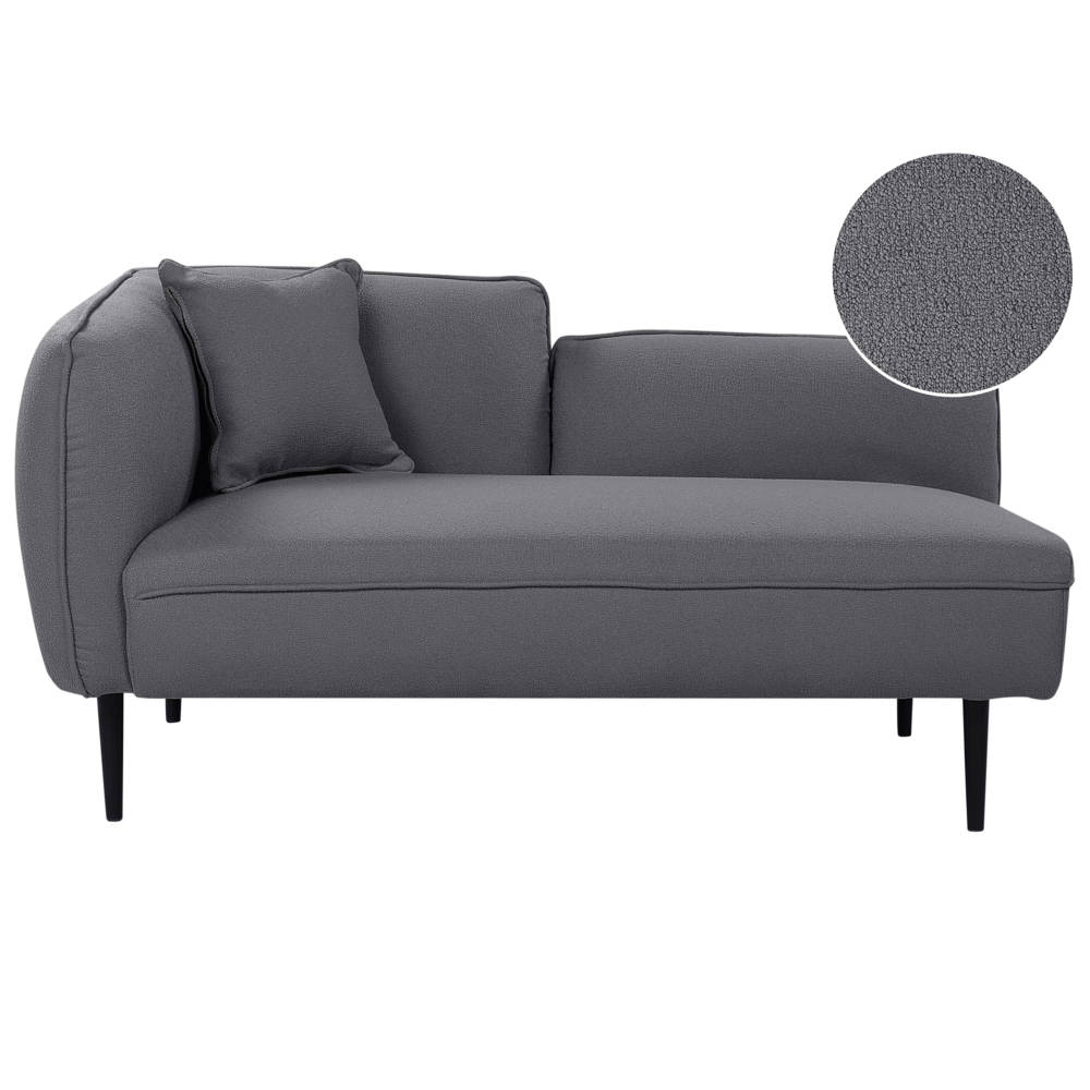 foto del prodotto chaise longue in tessuto boucle grigio scuro gambe in metallo a sinistra con cuscino design moderno