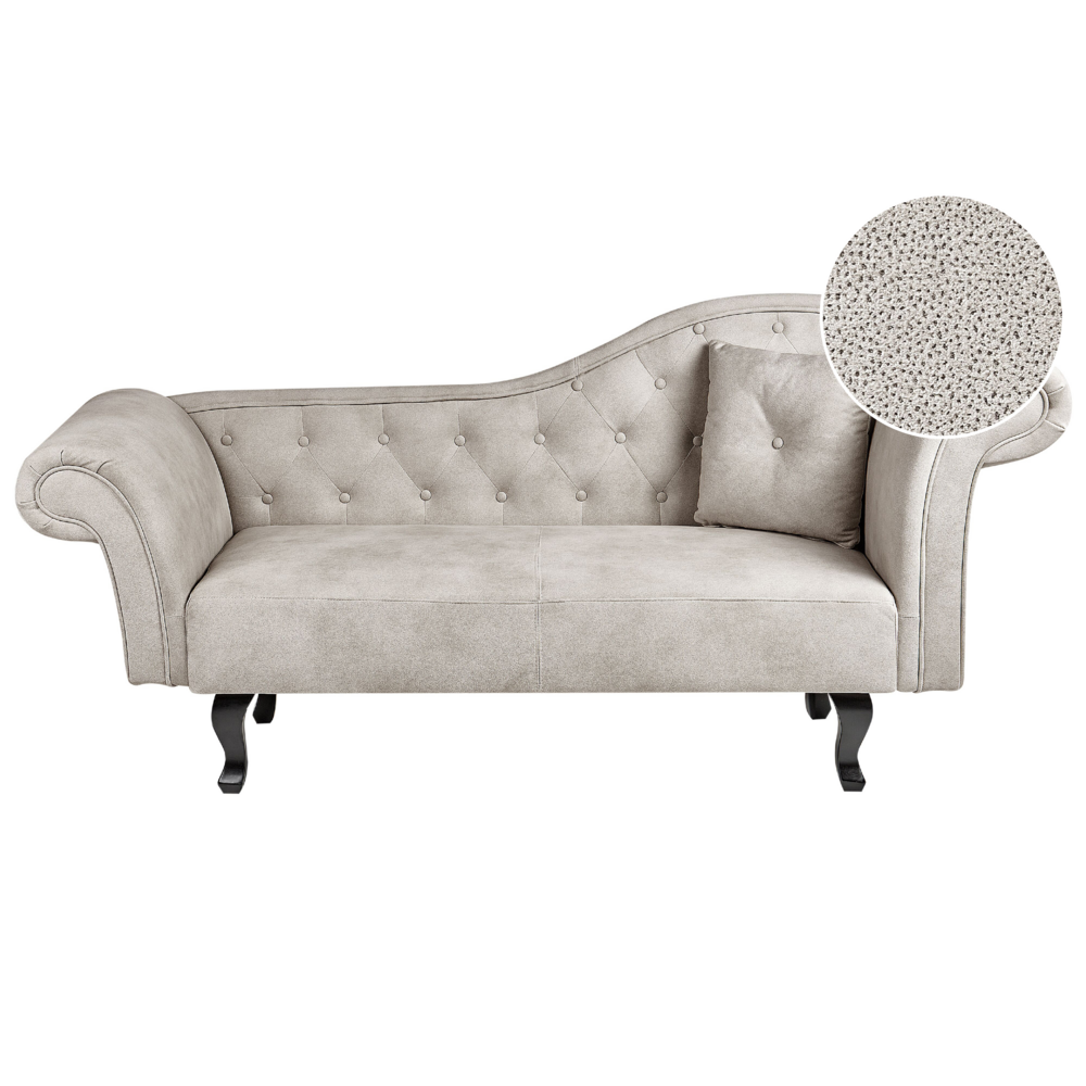 foto del prodotto chaise longue in velluto grigio tortora bottone capitonn tappezzeria versione destra con cuscino