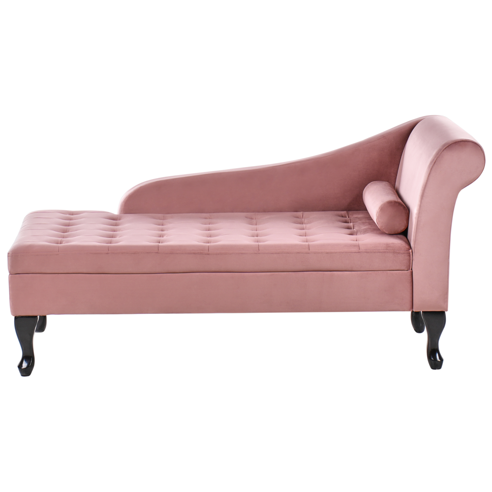 foto del prodotto chaise longue in velluto rosa con contenitore e gambe nere lato destro design moderno versione destra