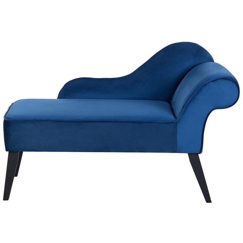 foto del prodotto chaise longue rivestimento in velluto blu gambe in legno scuro versione destra retro