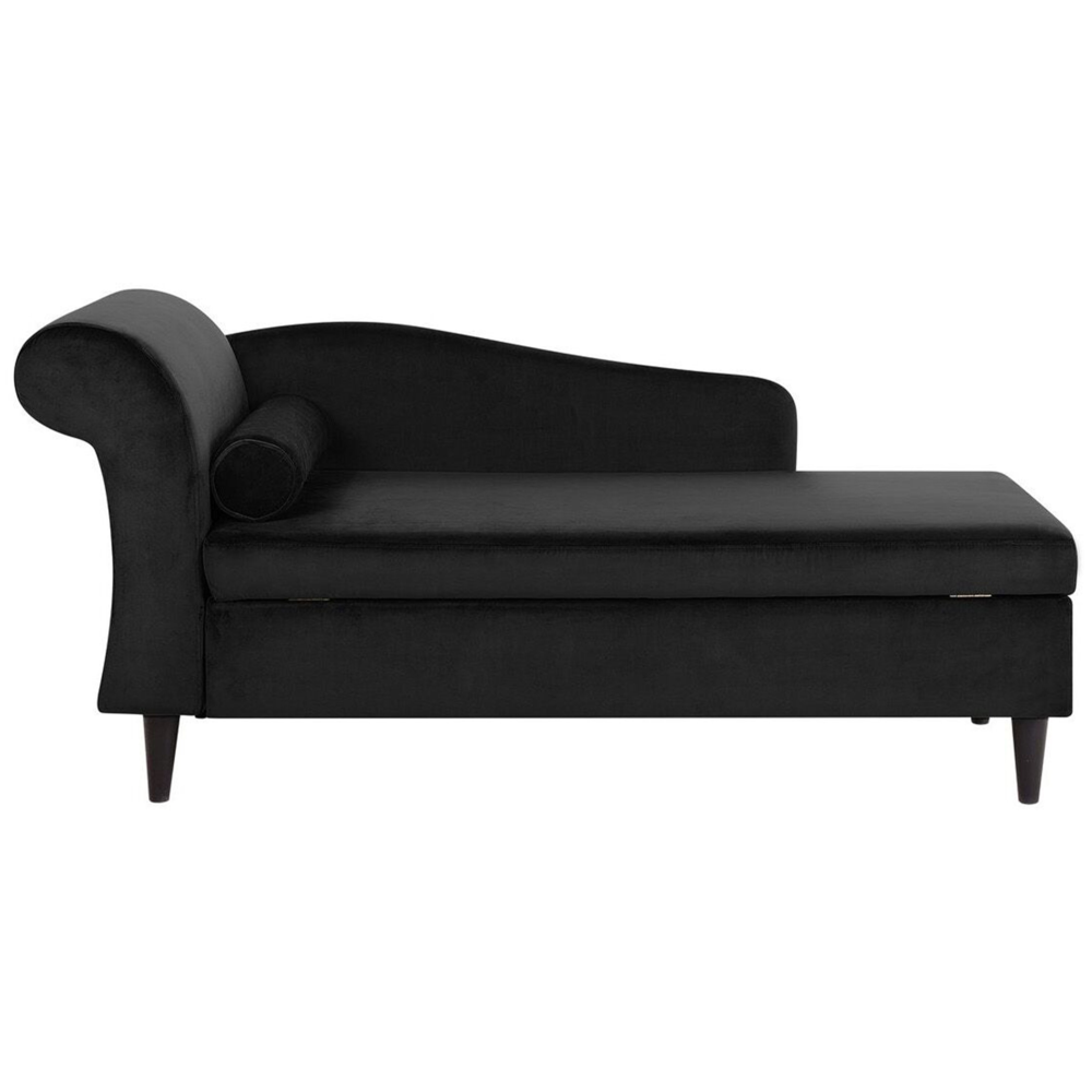 foto del prodotto chaise longue rivestimento in velluto nero con contenitore a versione sinistra con supporto